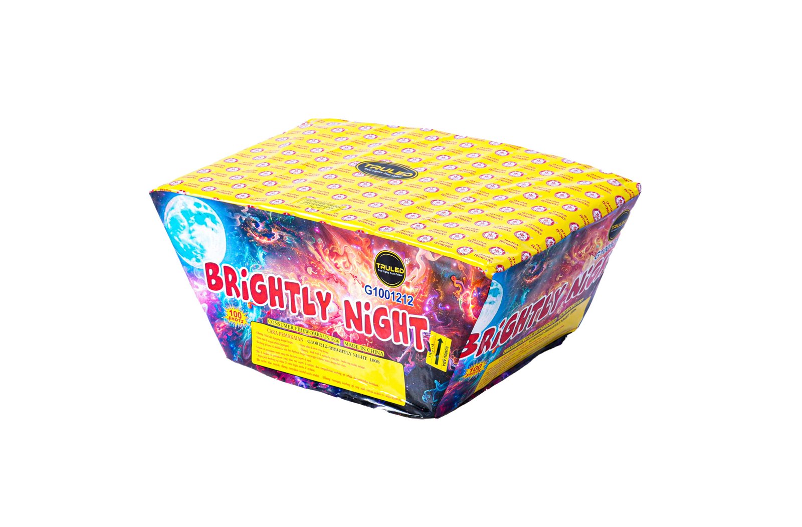 Brightly Night fireworks box with a yellow patterned top and colorful space-themed sides on a white background.