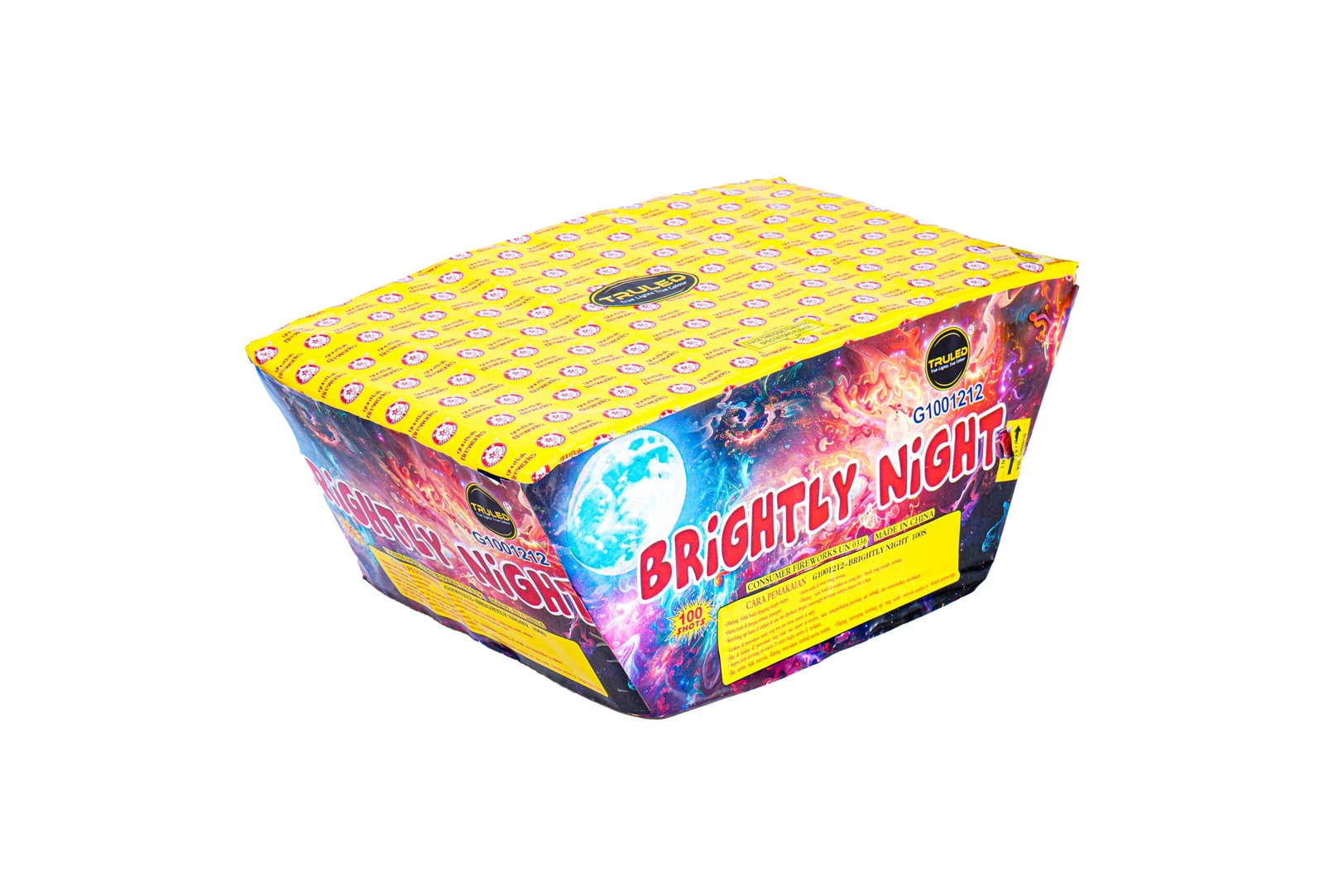 Brightly colored fireworks box with a yellow patterned top and space-themed artwork, labeled 'Bright Night' for safe handling and use as a consumer firework product.