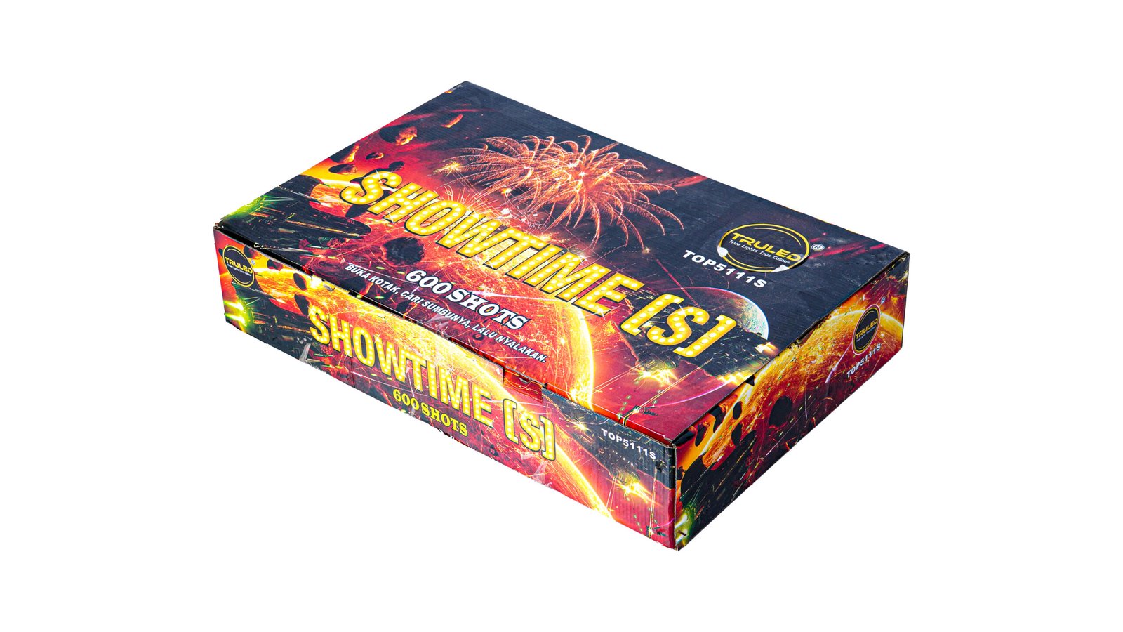 Box of fireworks with bright fireworks graphics and the word Showtime, including the note '600 shots' on the side of the box.