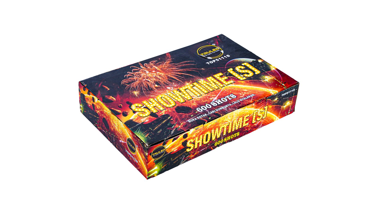 Colorful fireworks box labeled Showtime! 600 shots, decorative fireworks graphics on a dark background.