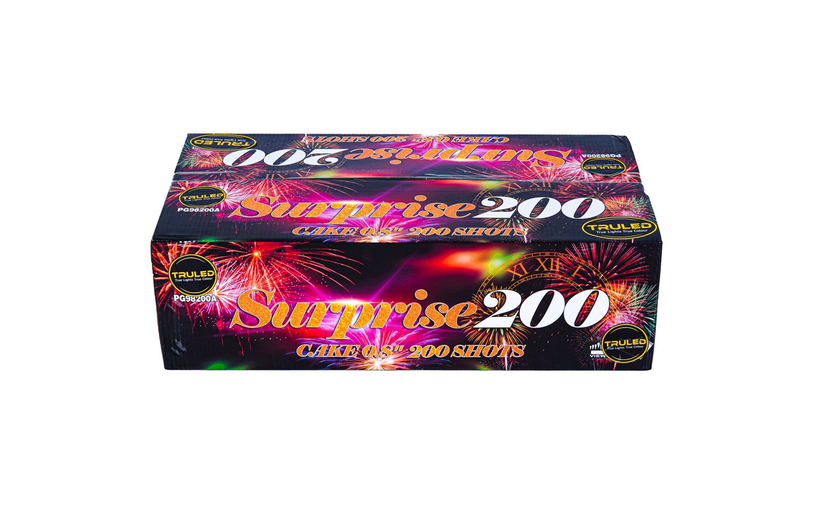 Fireworks-themed cake box labeled Sunrise 200 with 200 shots and vibrant colors, showing TruLED branding.