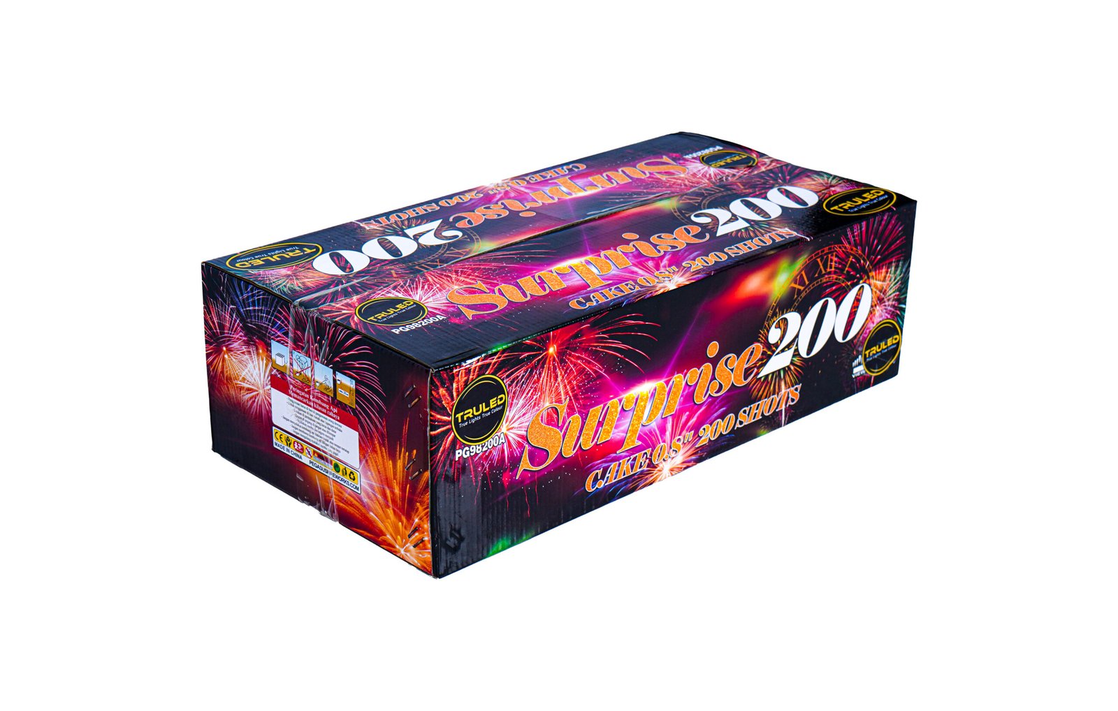 Colorful fireworks box labeled Sunrise 200 with vibrant burst graphics