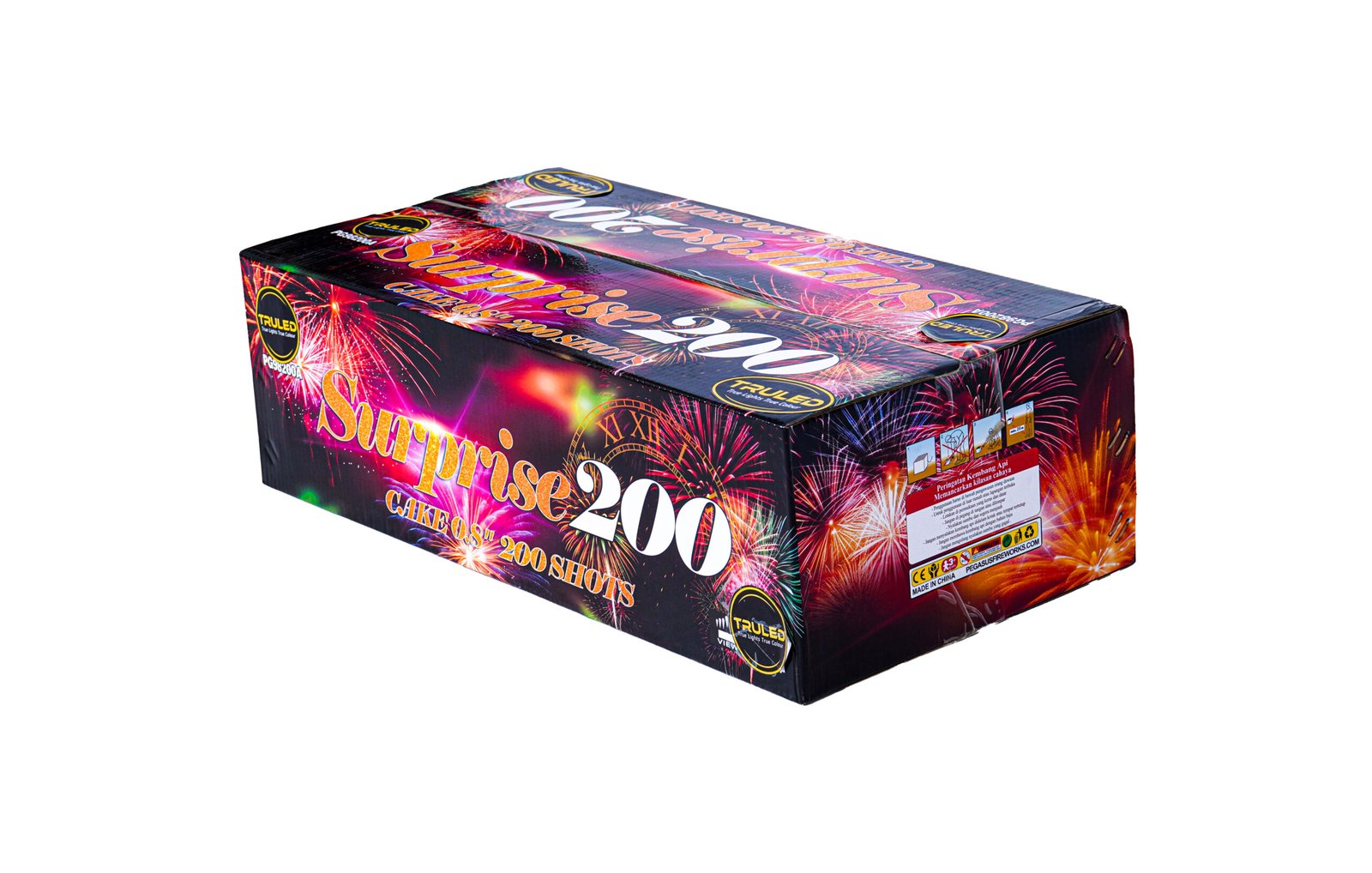 Colorful fireworks box with bursts of light and the text 'Sunrise 200' on the front.
