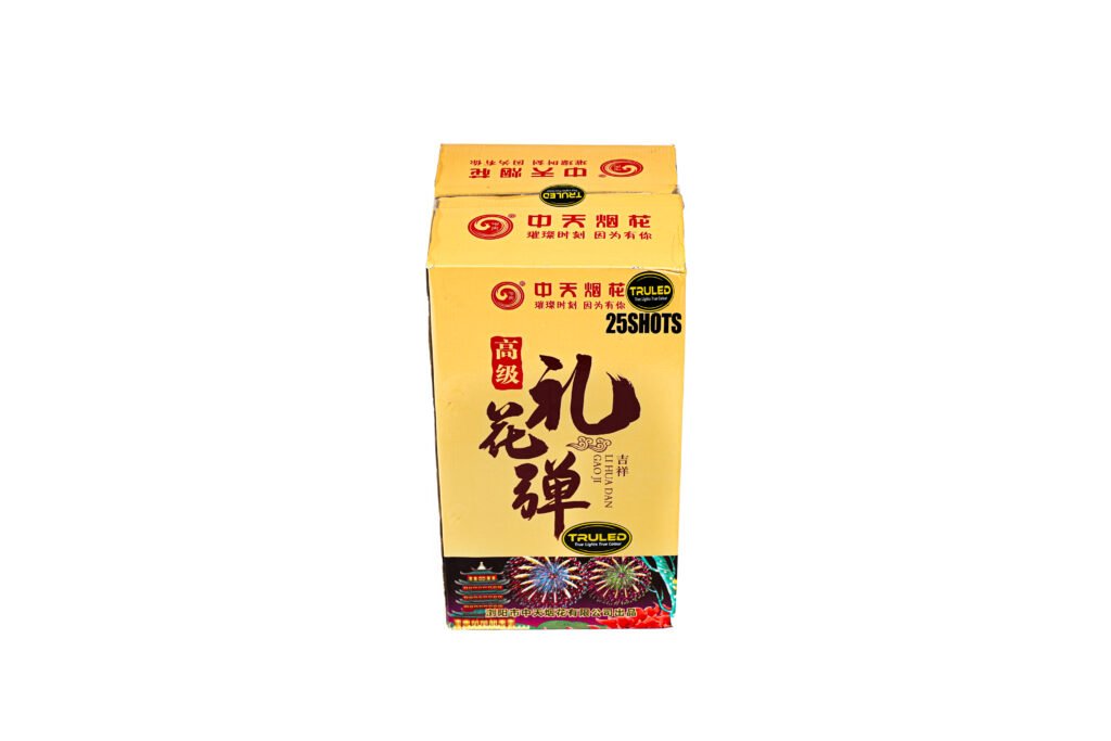 Tall yellow fireworks box with red Chinese text, '25 SHOTS' label, and logos, standing upright.