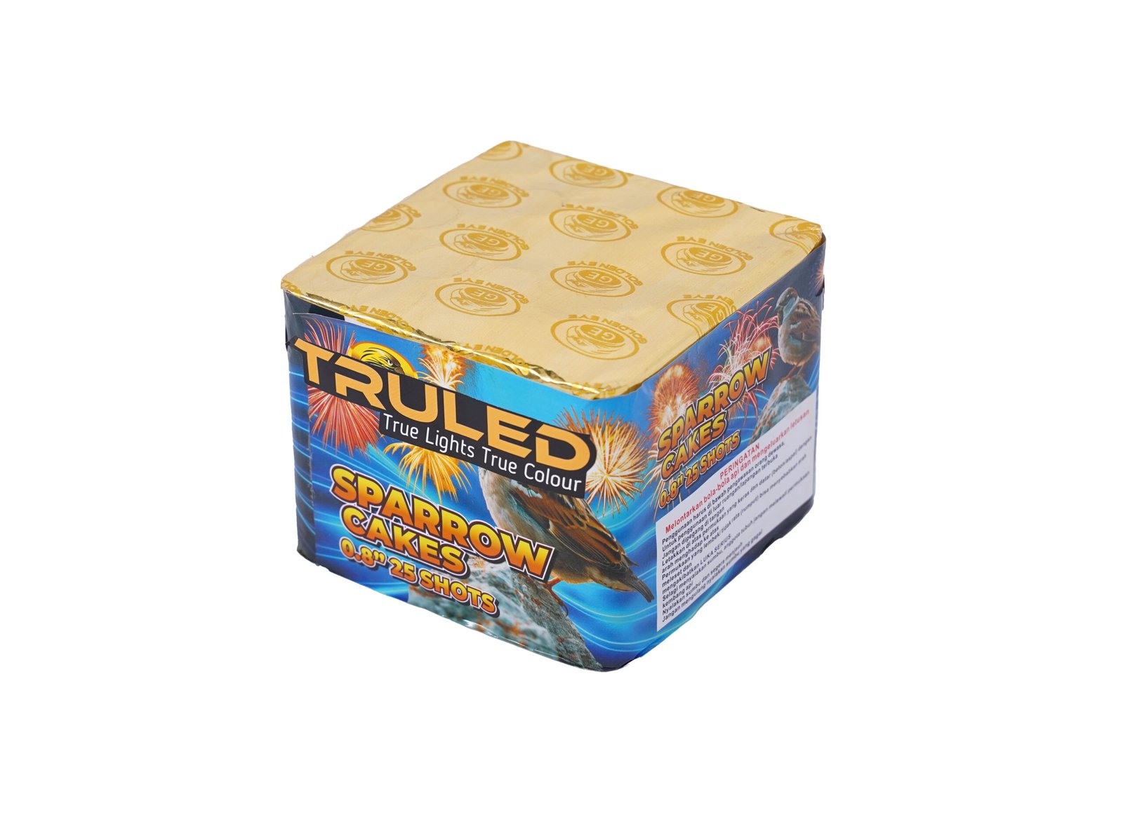 Colorful fireworks cake box with blue lower half and gold foil top, showing bursts of fireworks on the side.