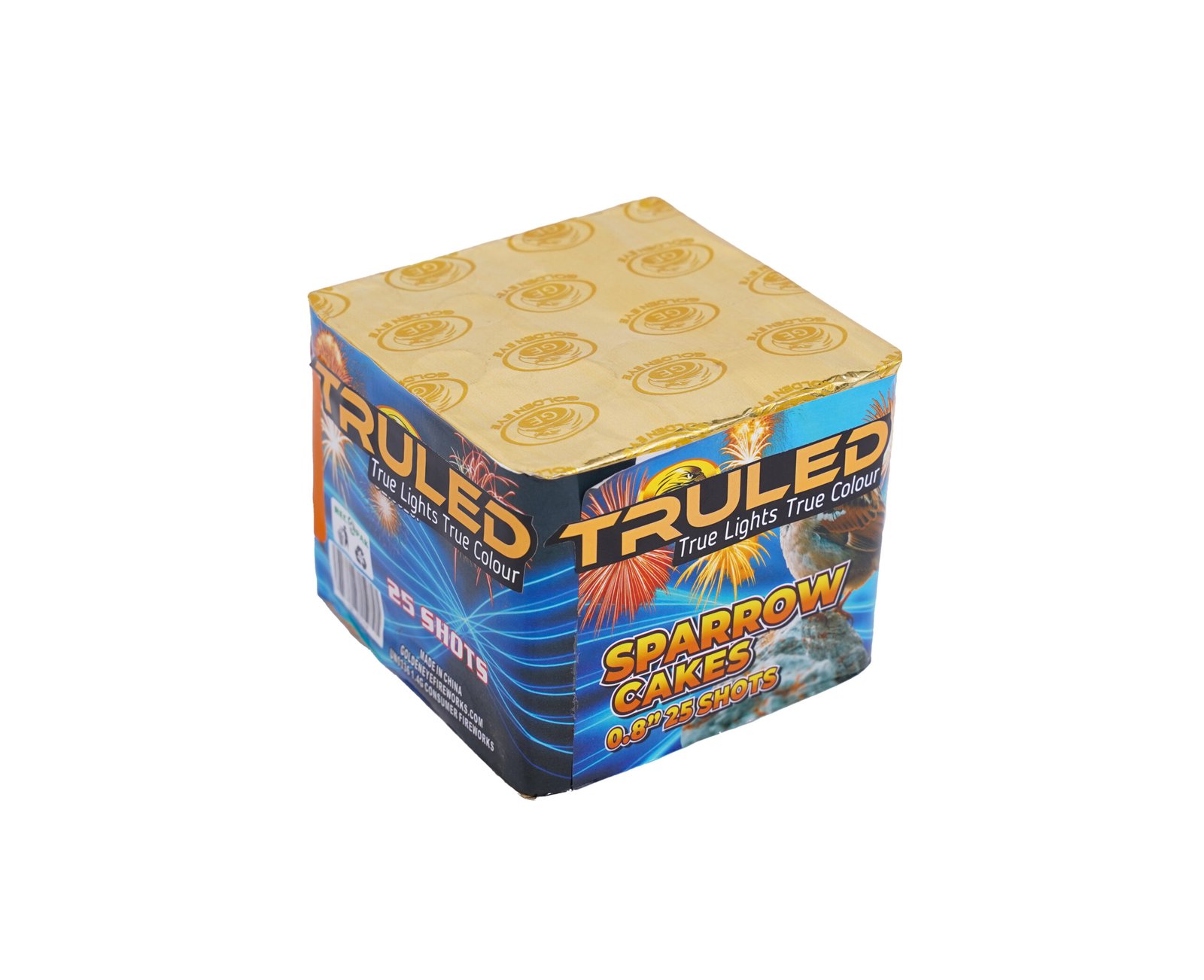 Blue fireworks-themed box of a cake-style fireworks product, showing graphics and the text '25 shots' on the front panel