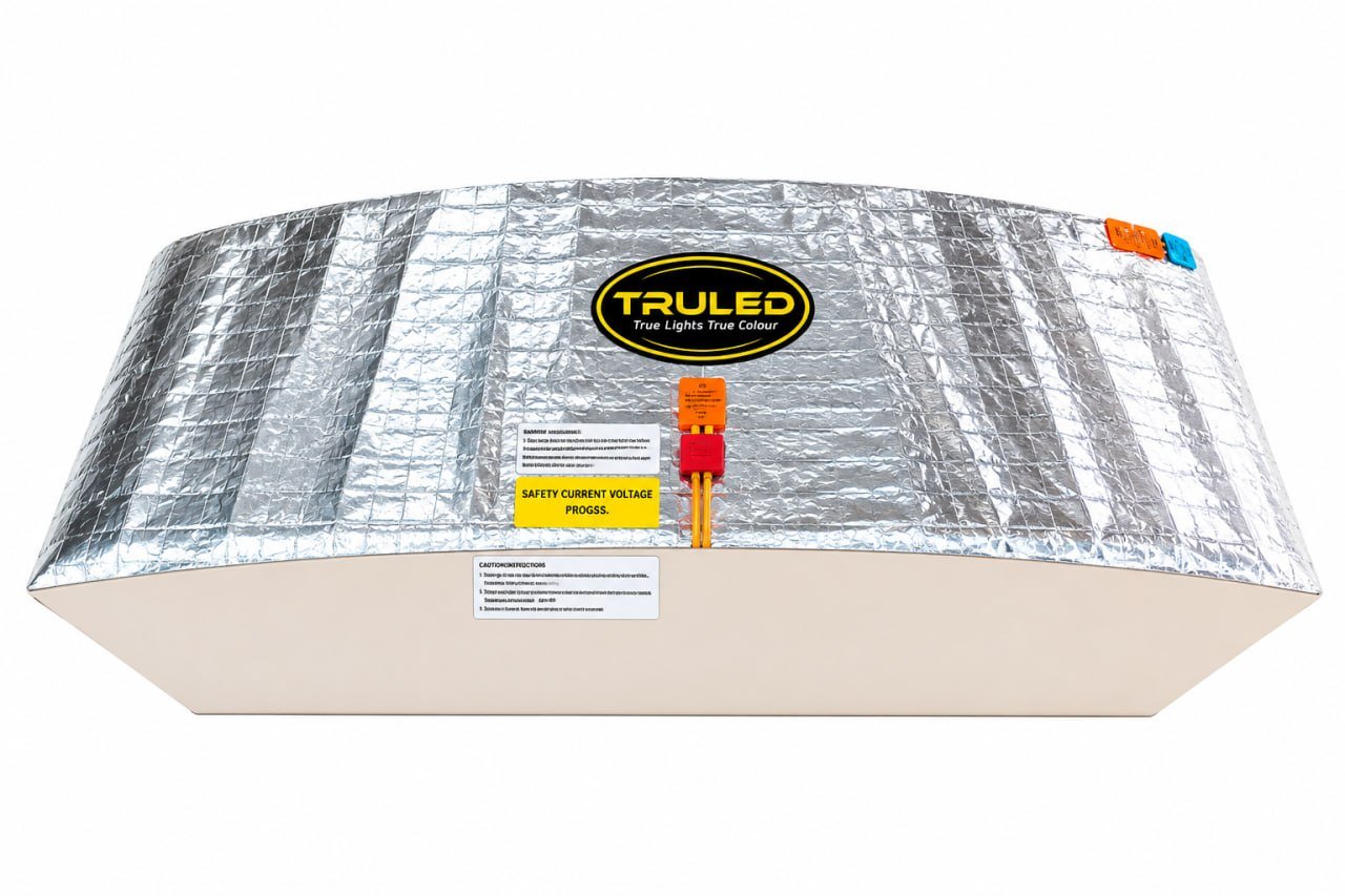 HVAC air handler with reflective foil insulation and a yellow TRULED logo on the front panel.