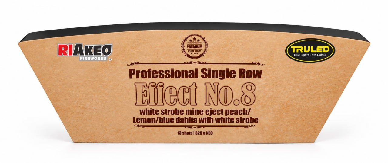 Cardboard fireworks box labeled 'Professional Single Row Effect No.8' with Riakeo and Truled logos, describing white-strobe mine eject peach/lemon/blue dahlia with white strobe.