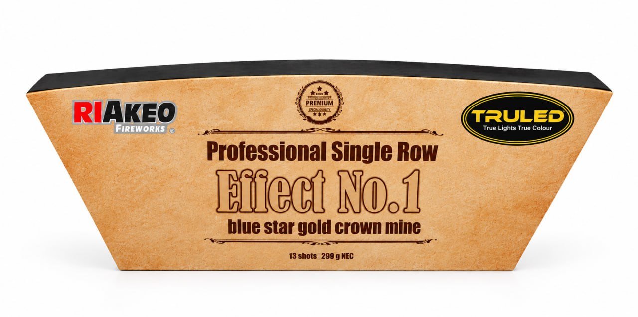Brown trapezoid fireworks box with product name 'Professional Single Row Effect No.1 blue star gold crown mine' and logos on left and right (RIAKEO Fireworks, TRULED).