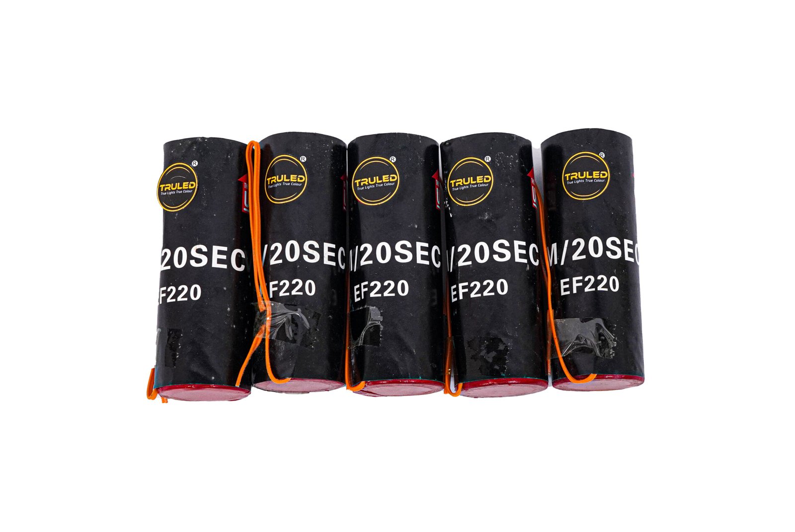 Row of five black cylindrical packages with orange wires, labeled TRULED and EF220 against a white background.