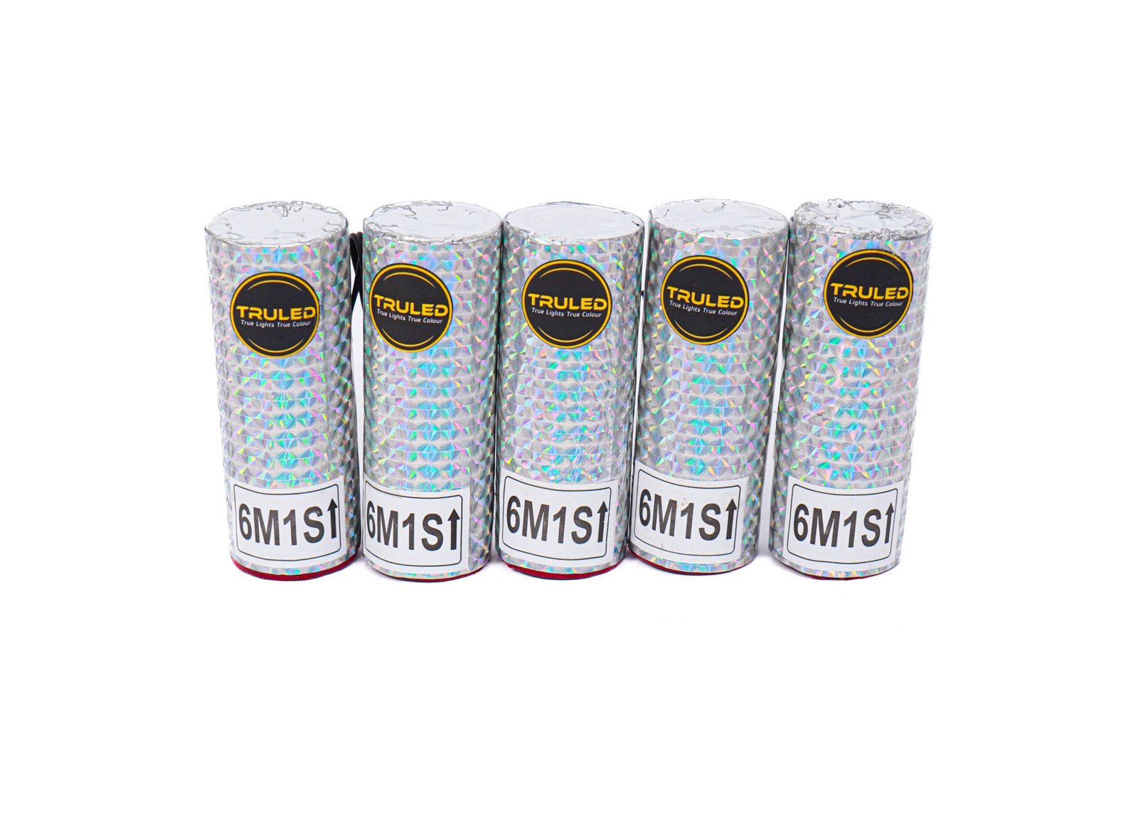 Five holographic silver foil-wrapped cylindrical tubes lined up upright, each with a black-and-yellow 'TRULED' label and '6M1S1' text at the bottom edge.