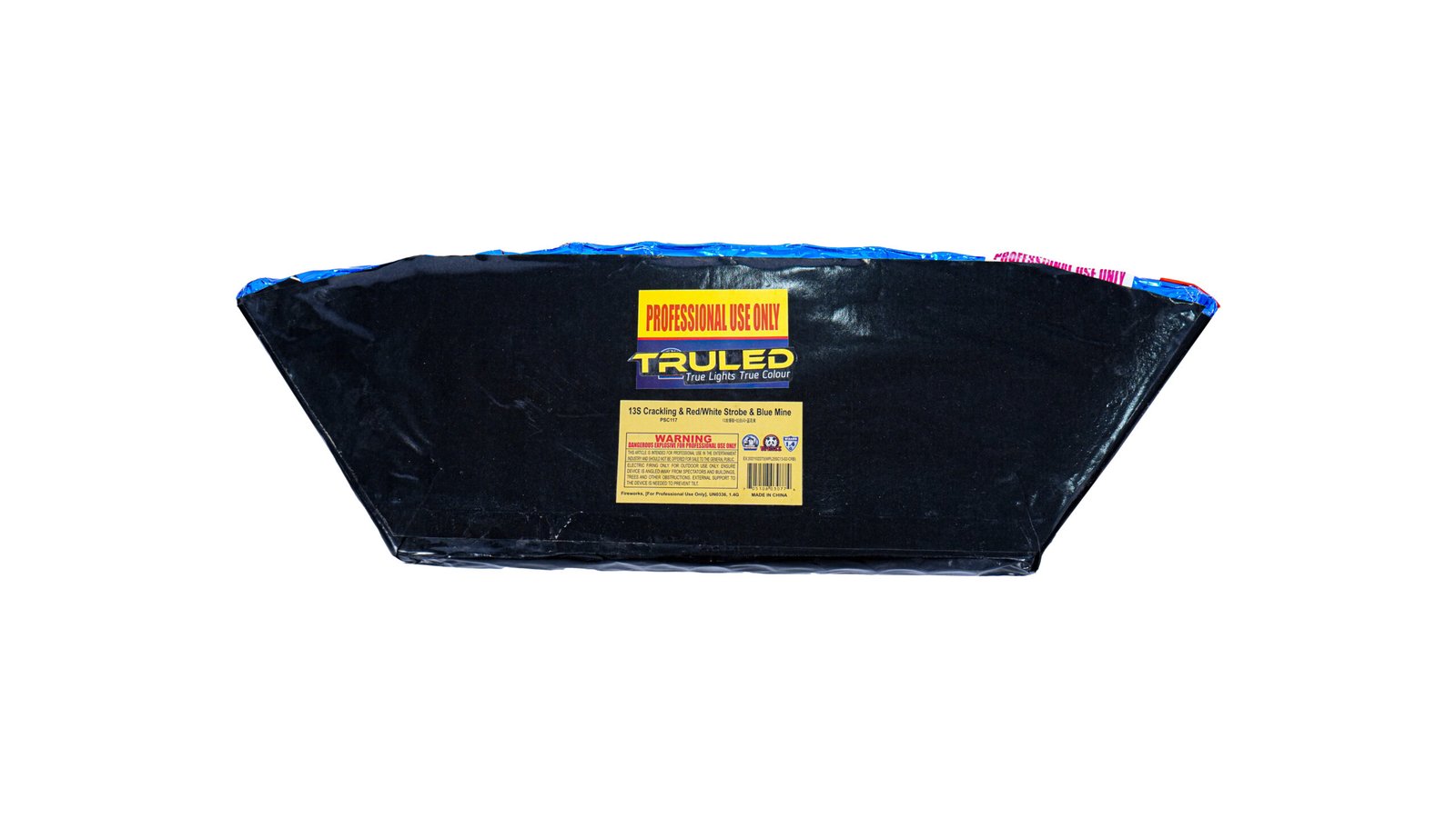 Black sealed package with a yellow 'Professional Use Only' label on the front and blue-taped top edge.