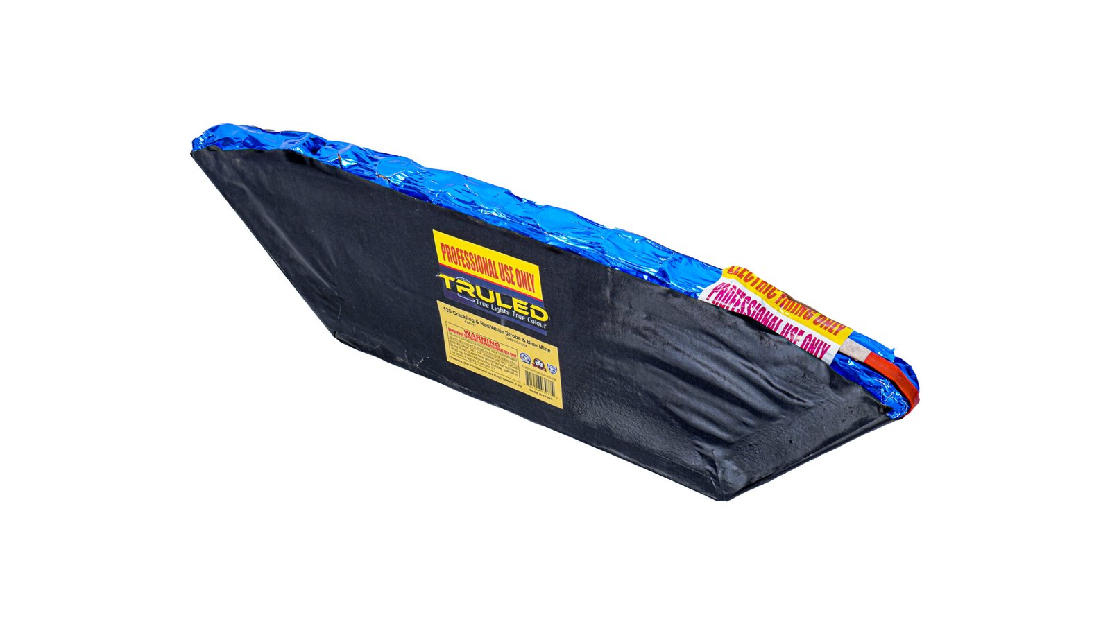 Large black rectangular item wrapped in bright blue foil with a yellow caution label reading 'Professional Use Only'.