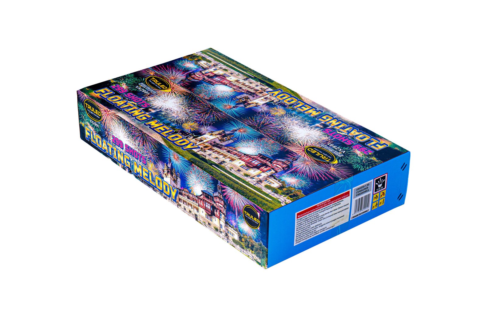 Colorful fireworks box packaging for a fireworks set, showing bursts of fireworks across a blue box with bold text and city scene artwork on the lid.