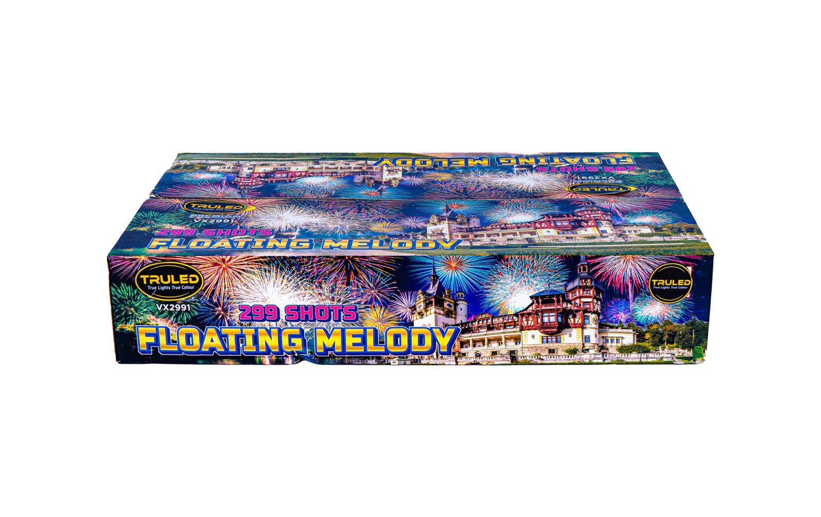 Colorful fireworks box labeled 299 SHOTS FLOATING MELODY with fireworks illustrations and a castle scene on the packaging (brand: Trued).