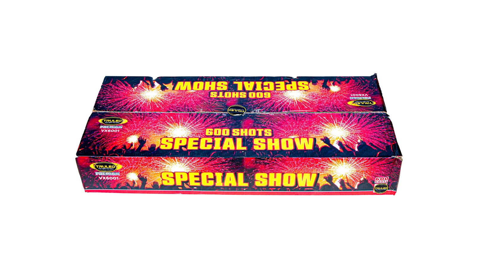 Box of fireworks labeled '600 Shots Special Show' with bright fireworks graphics across the packaging