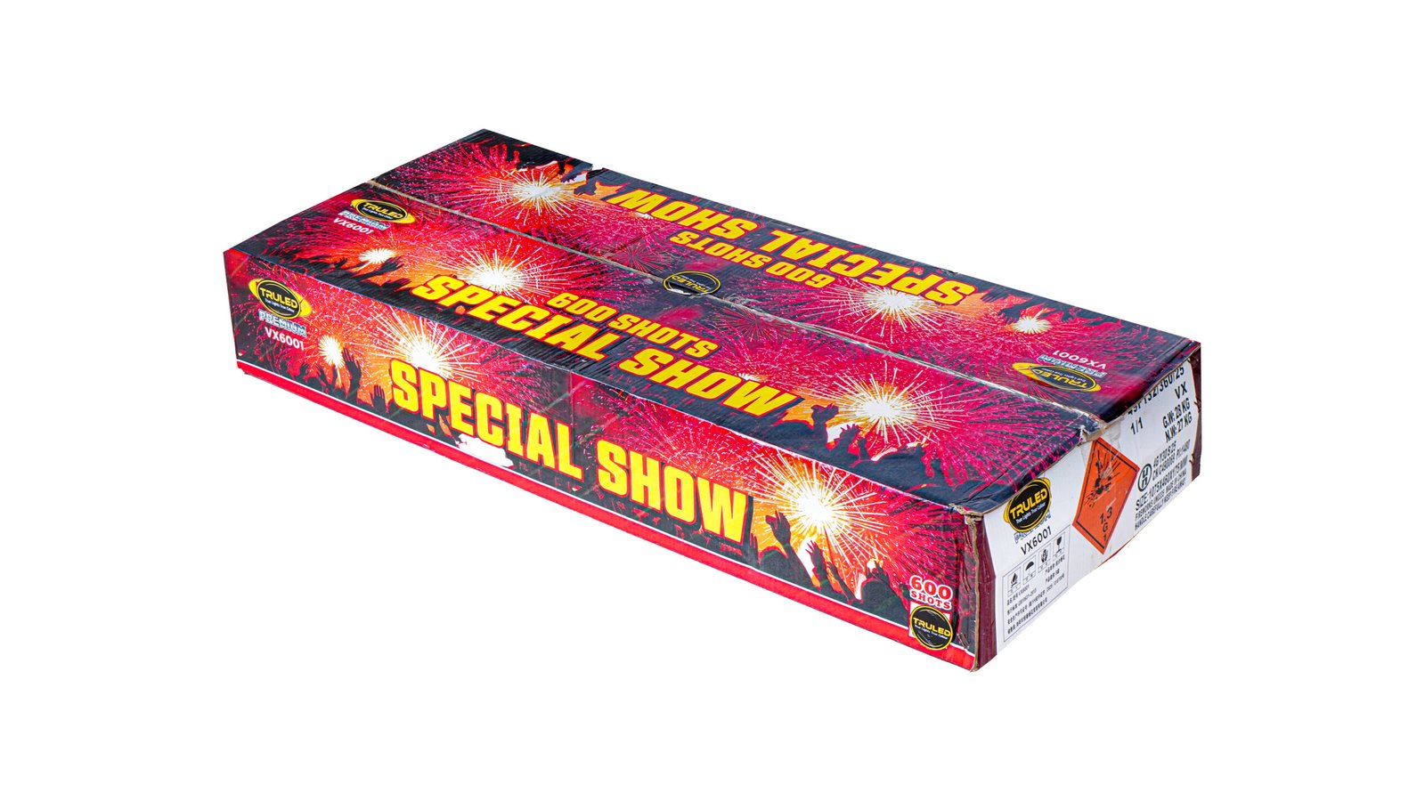 Colorful fireworks box labeled 'Special Show' with bright red and yellow graphics, seen at an angle.