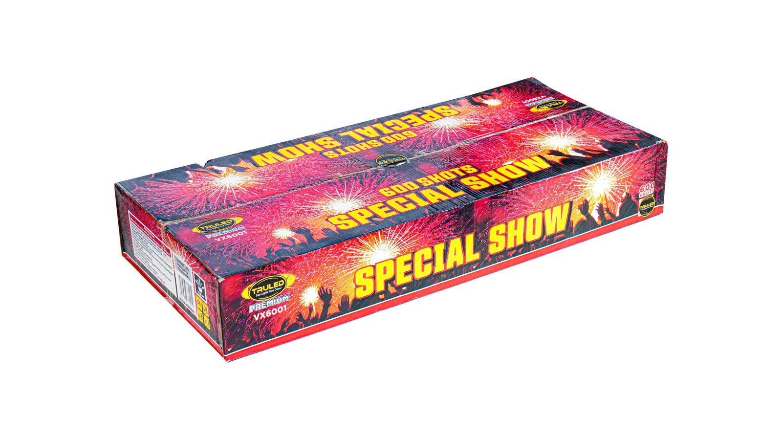 Colorful fireworks box labeled 'Special Show' with bursts of red and yellow across its sides.