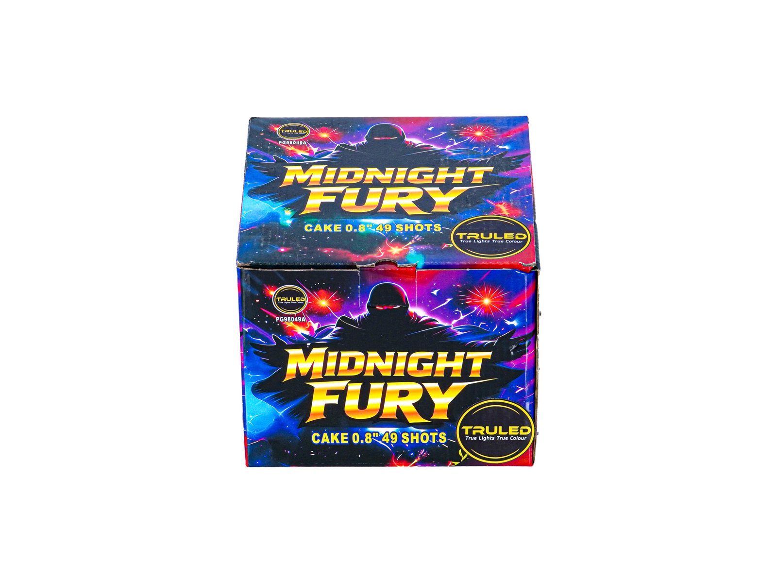 Colorful fireworks box labeled Midnight Fury with bold yellow text and 'Cake 0.8'' 49 shots' copy.