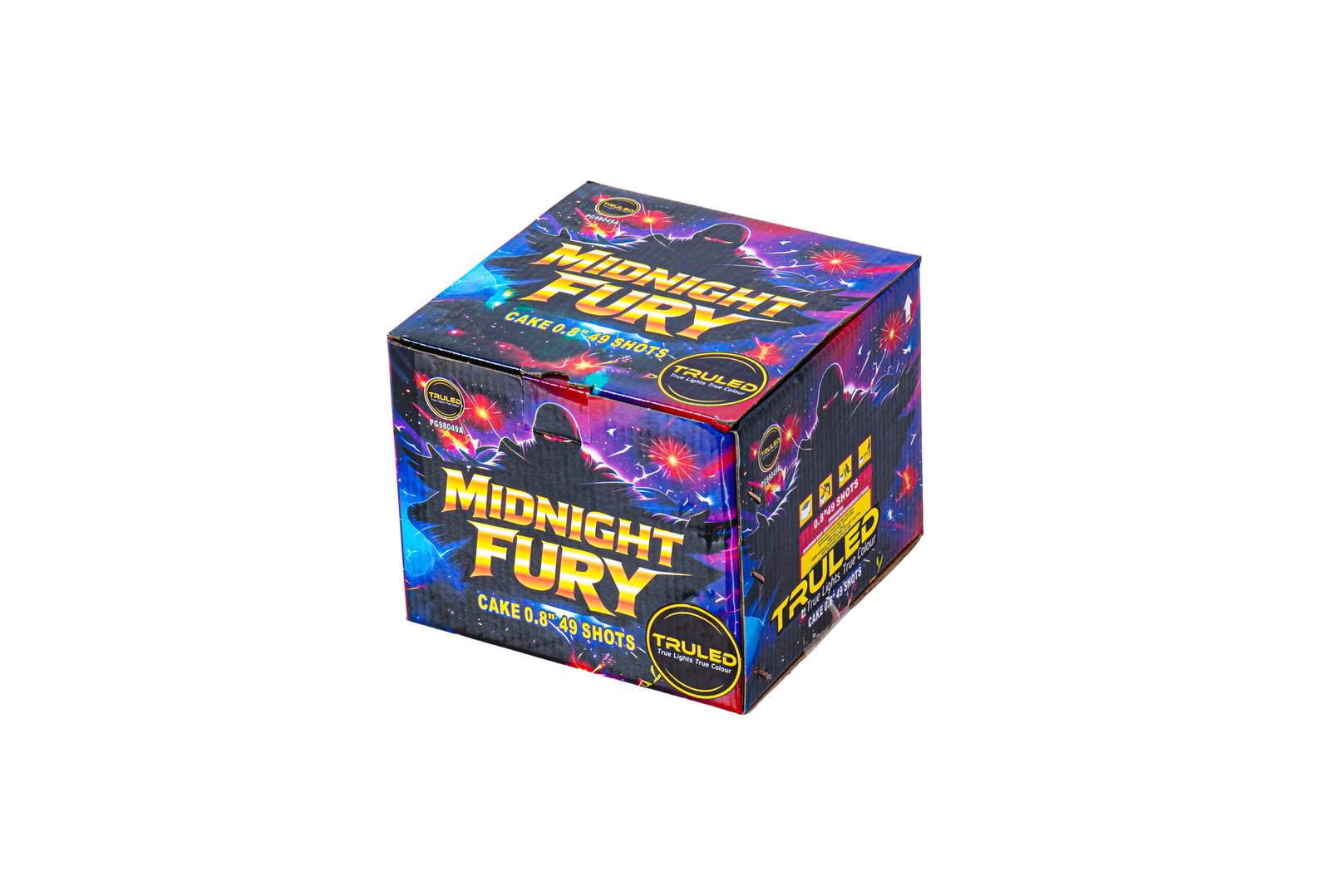 Box of Midnight Fury fireworks cake with vibrant blue-purple explosion artwork and bold yellow title Midnight Fury on the lid, 0.8' x 49 shots mentioned.