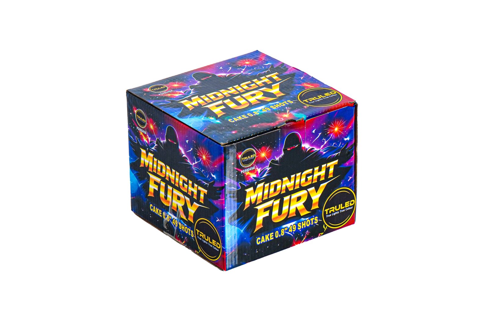 Colorful fireworks box labeled 'Midnight Fury' with explosive graphics on the packaging