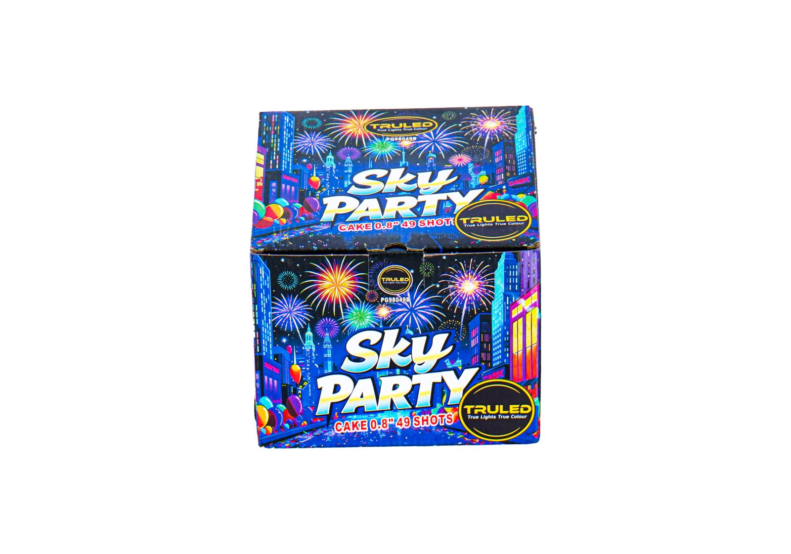 Box of Sky Party fireworks with colorful cityscape and fireworks artwork, says ‘Sky Party’ and ‘Cake 0.8” 49 Shots’ on the front panel