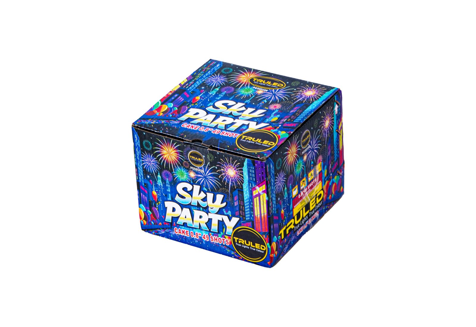 Colorful fireworks-themed fireworks cake box with bold 'Sky Party' text and city skyline graphics across blue background. One corner visible.
