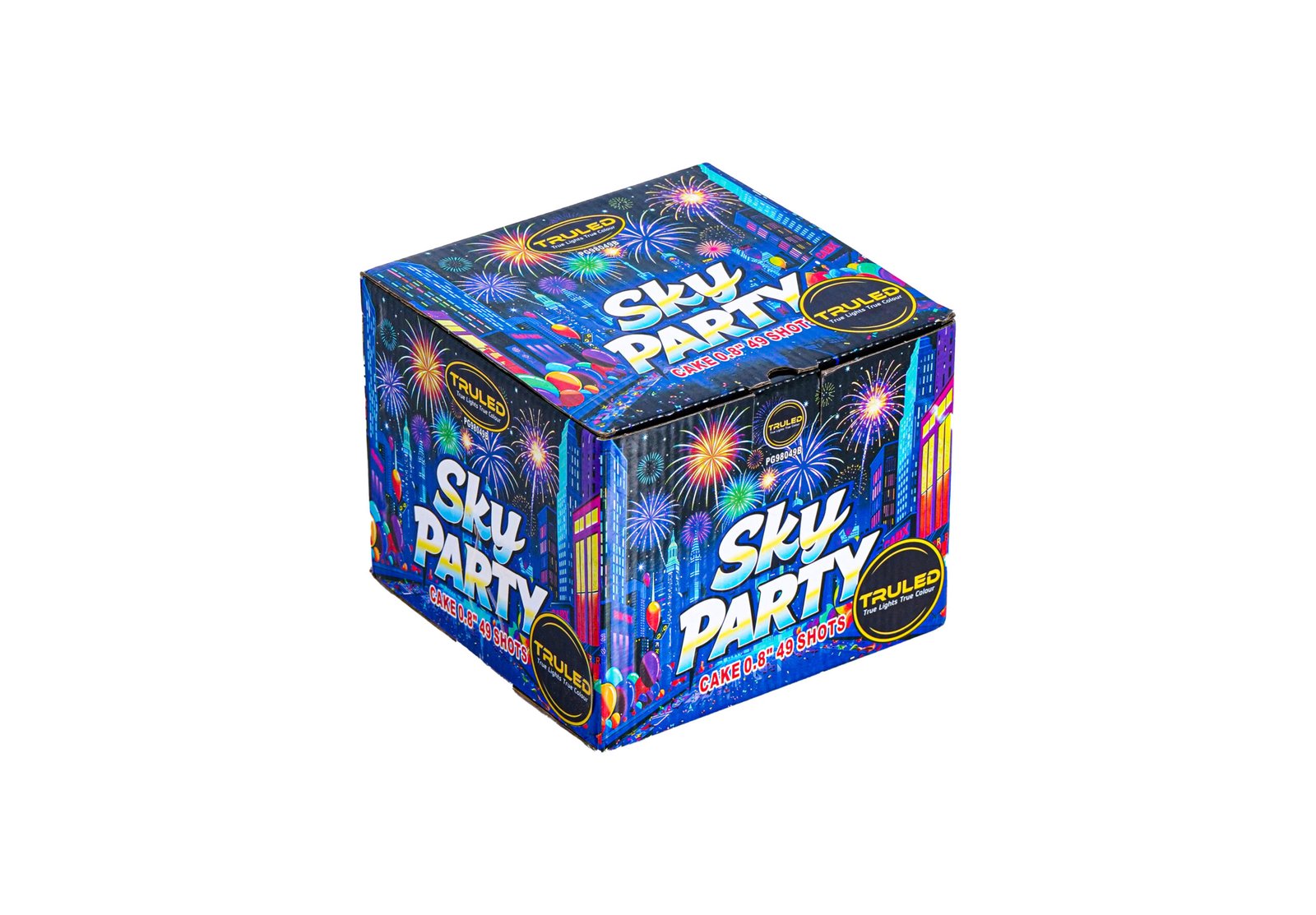 Box of fireworks labeled 'Sky Party' with colorful bursts and cityscape graphics; reads 'Cake 0.8'' 49 shots' on the packaging.