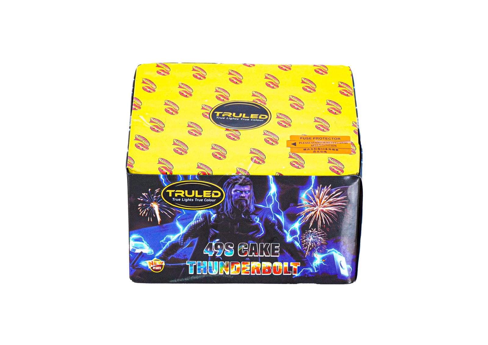 Fireworks packaging with a bright yellow top covered in small red logos and a central blue 'TRULED' logo, below which is a dark illustrated panel showing fireworks and a thunderbolt graphic with the text 'THUNDERBOLT'