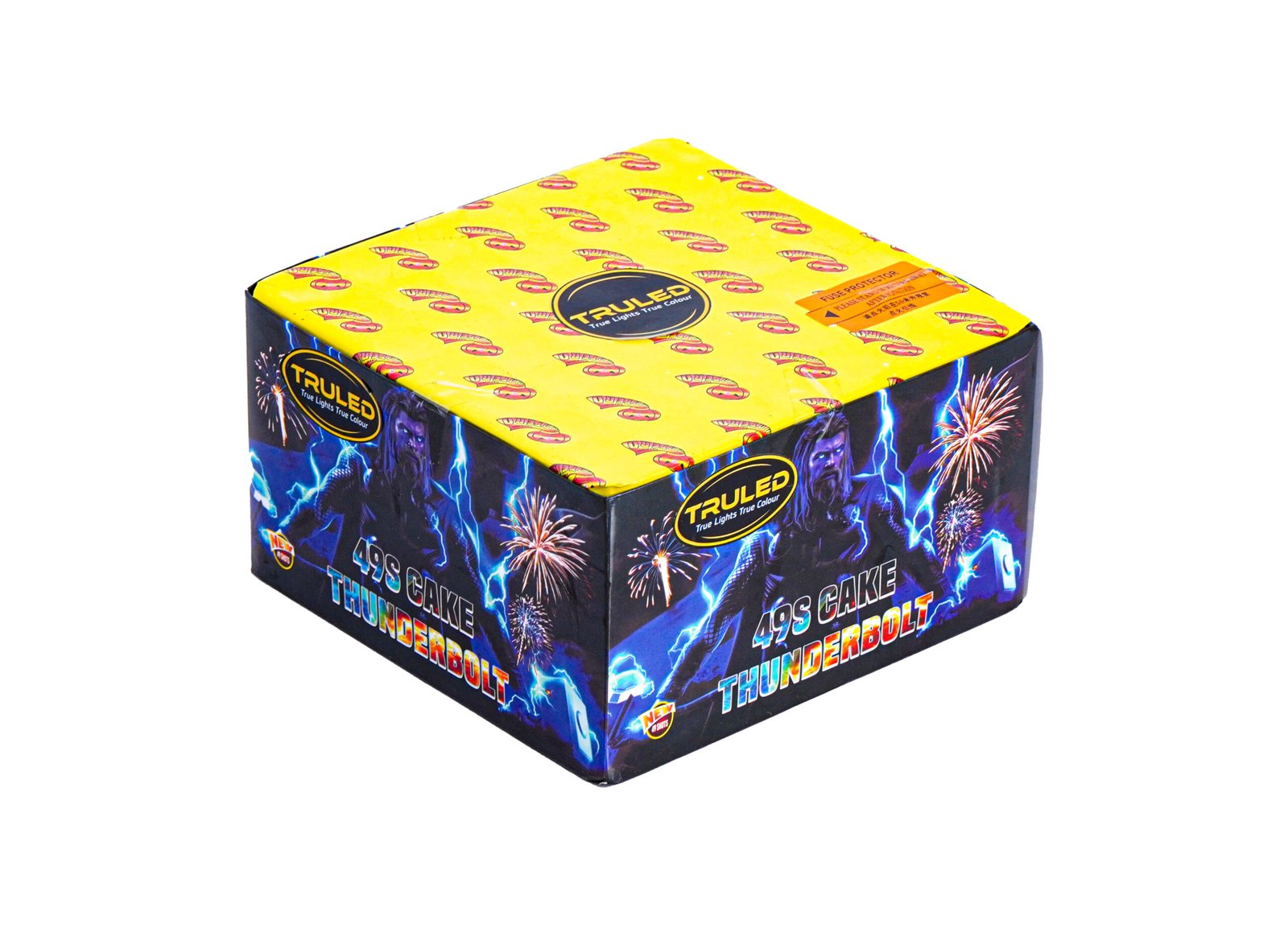 Colorful fireworks product box with a bright yellow lid covered in repeating logo patterns and blue, lightning-themed sides.