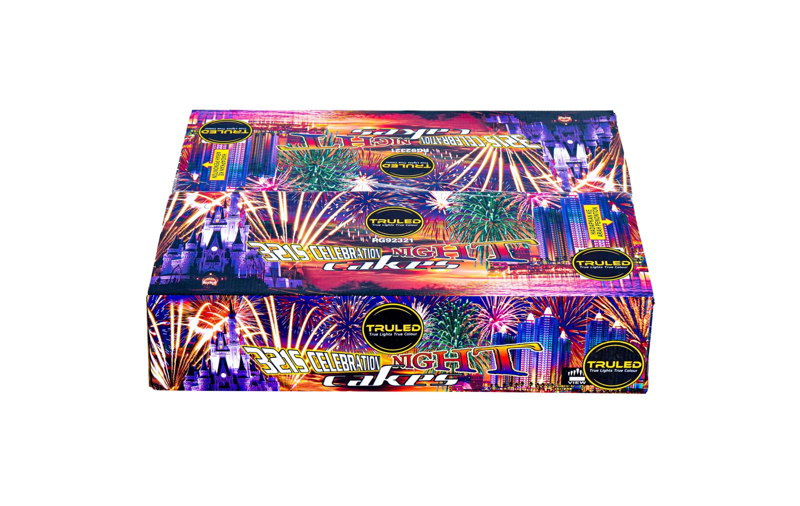 Colorful fireworks-themed cake box with a city skyline and round black-yellow logos, advertising 'TruLED' and 'Celebration Night' flavors.