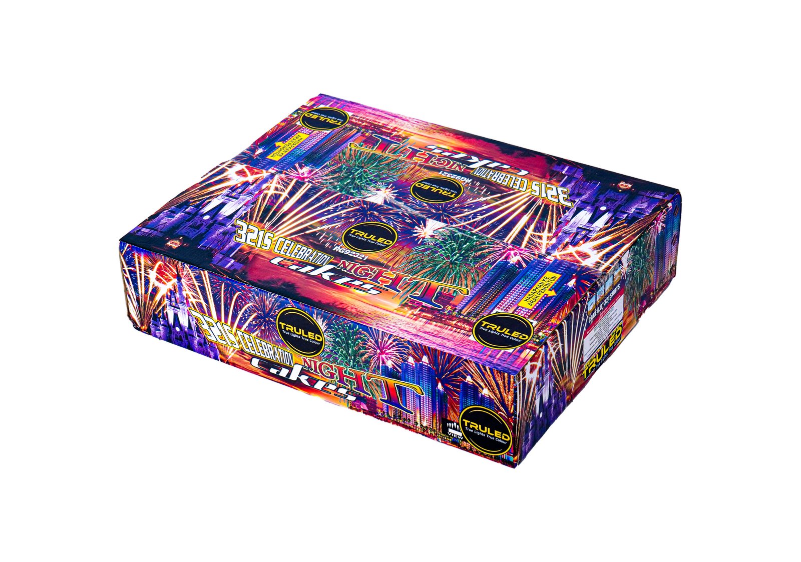 Brightly colored fireworks box with bursts and city skyline graphics on the packaging (brand: TruLED)