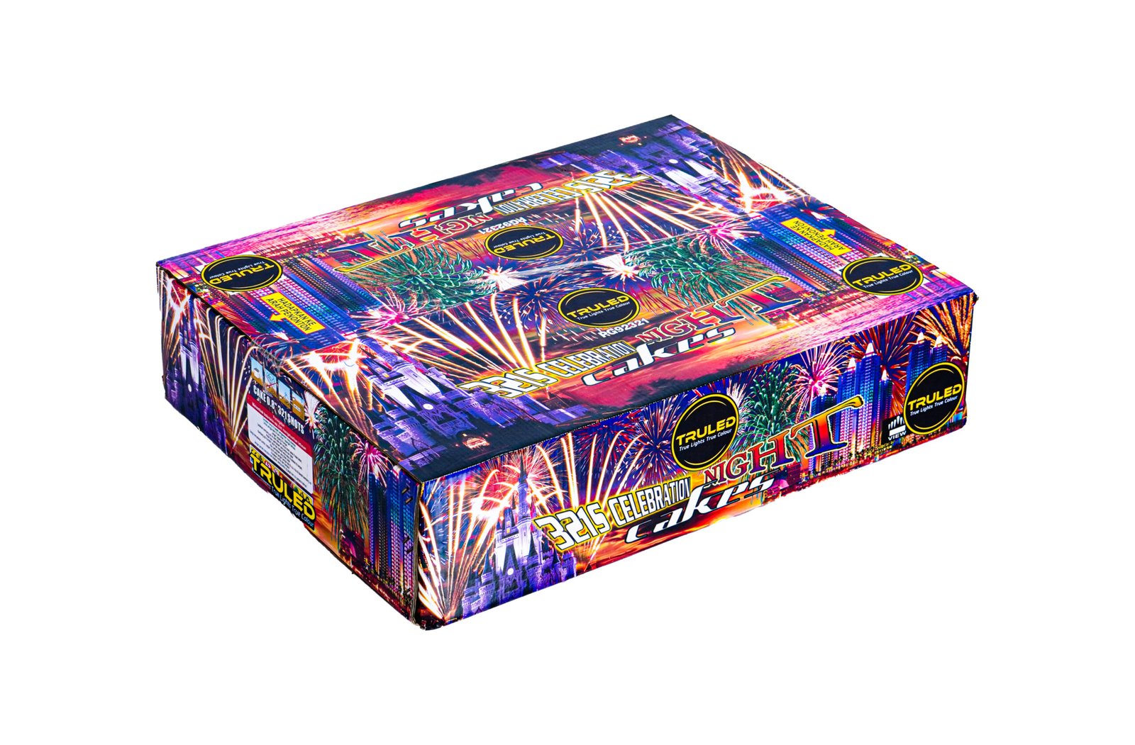 Colorful fireworks box with bright bursts of light and cityscape graphics on the packaging, suggesting celebration use at events or holidays.