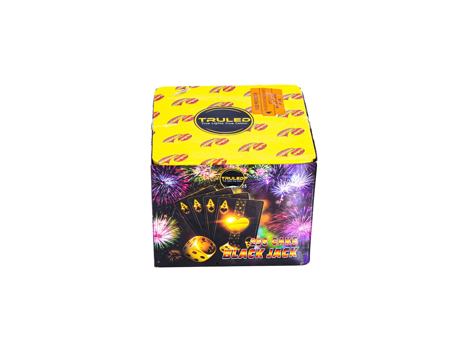 Bright yellow fireworks cake box with a trueLED logo and 'Black Jack' label on the front, surrounded by fireworks graphics.