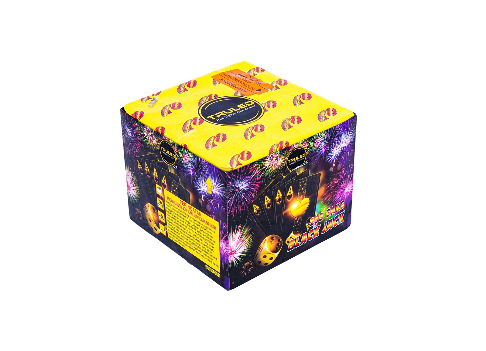 Cube-shaped fireworks box with a bright yellow lid covered in logo patterns, and dark purple sides filled with colorful firework illustrations