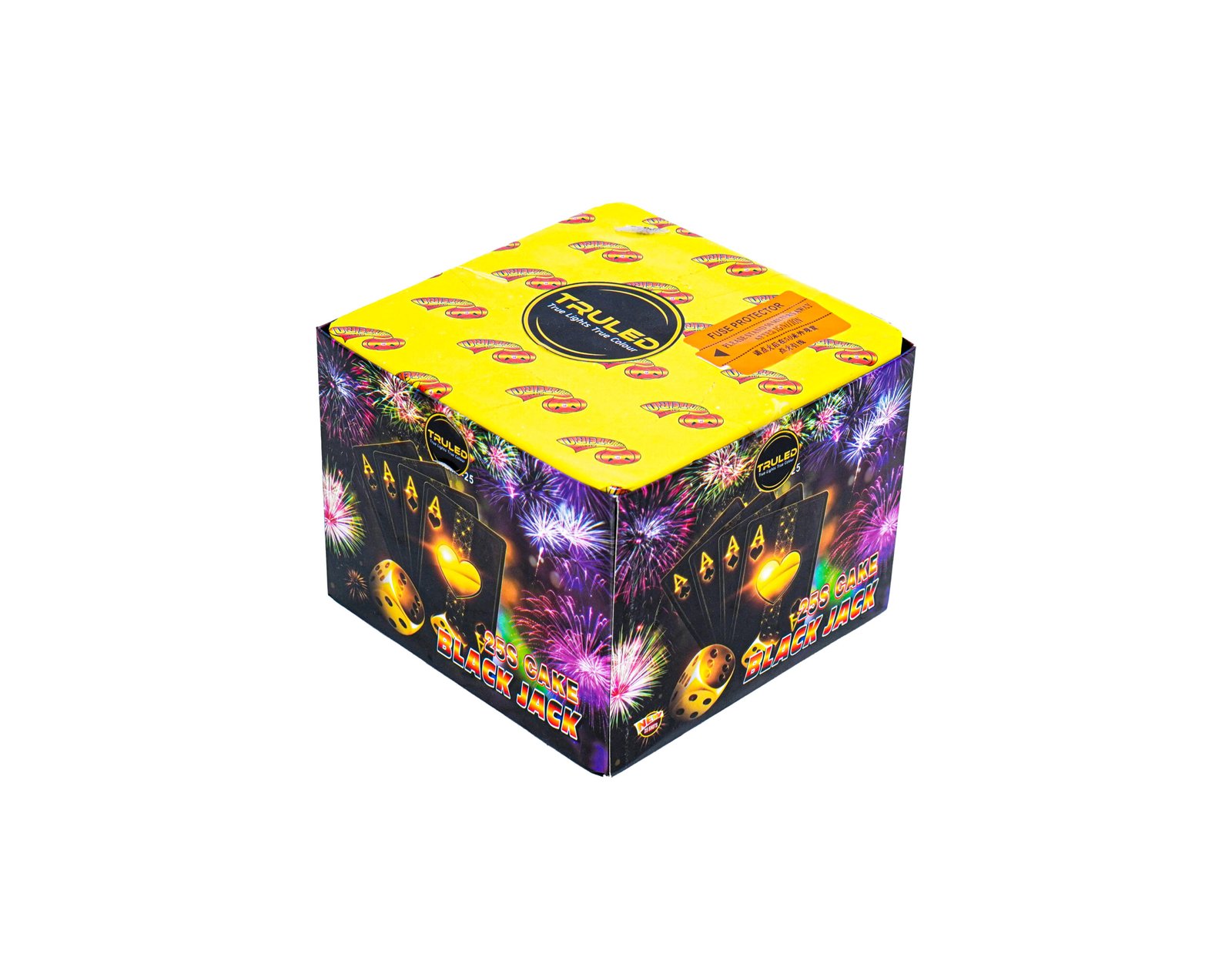Colorful fireworks-themed cardboard box with a bright yellow lid and 'Black Jack' branding on the sides.