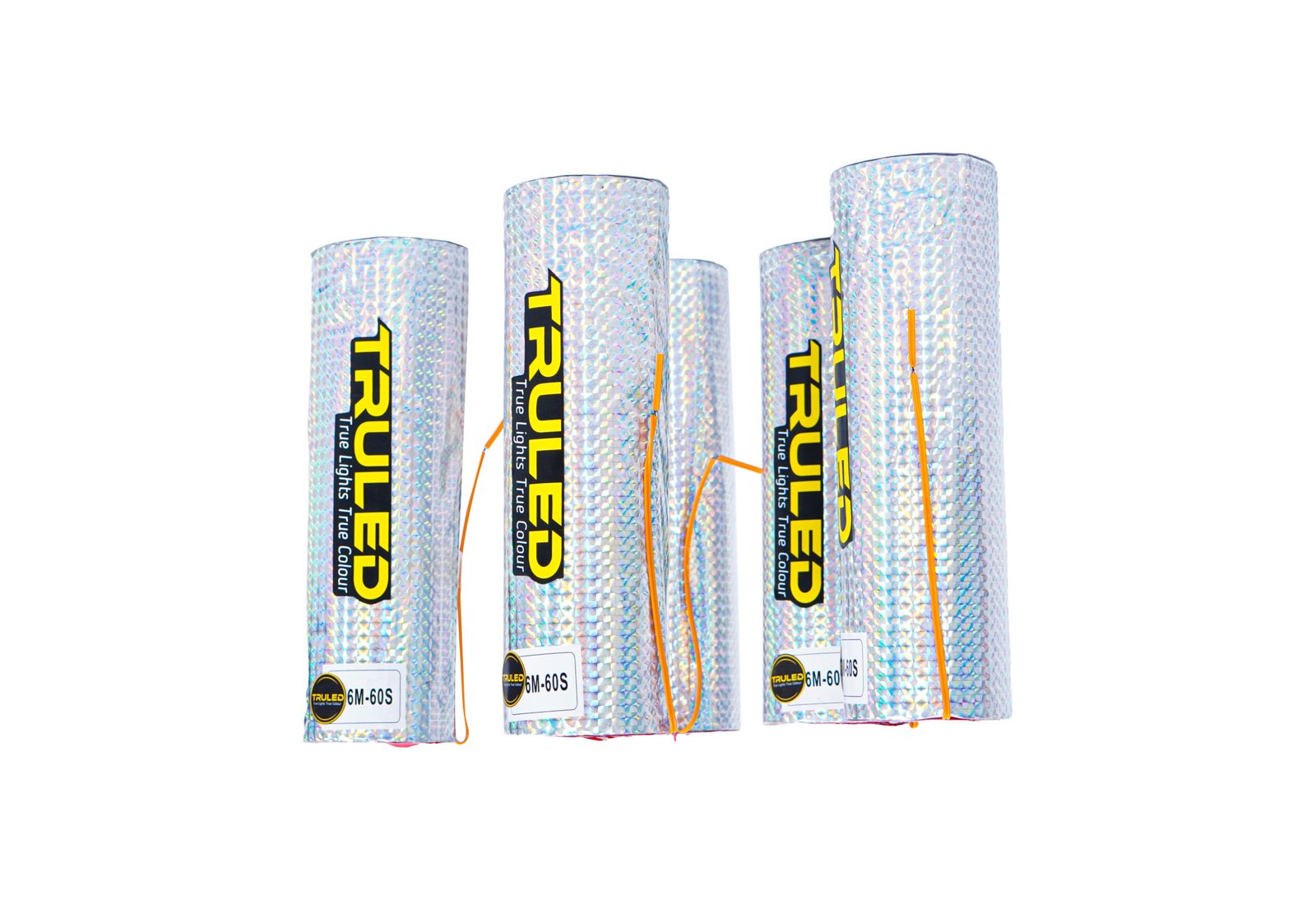 Four reflective silver foil cylinders with orange cords, standing upright side by side with black-yellow vertical labels on each.