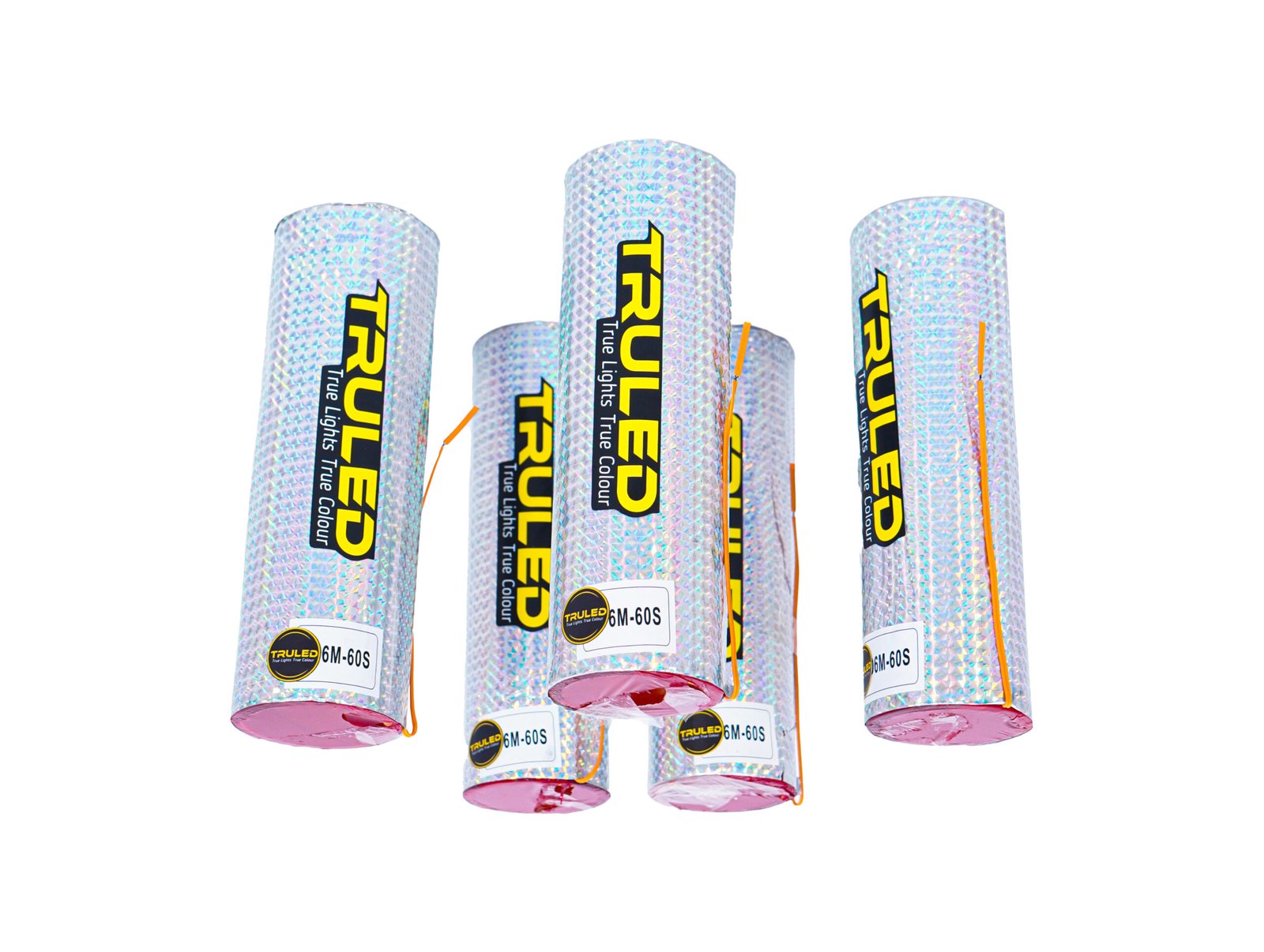 Six holographic, cylindrical light tubes with black-and-yellow 'TRUELED' branding standing upright against a white background.
