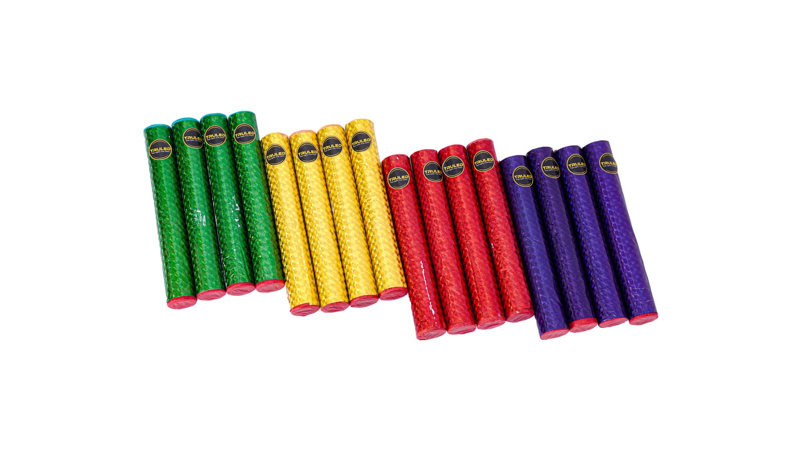 Row of colorful party poppers arranged diagonally in green, yellow, red, and purple with red ends.