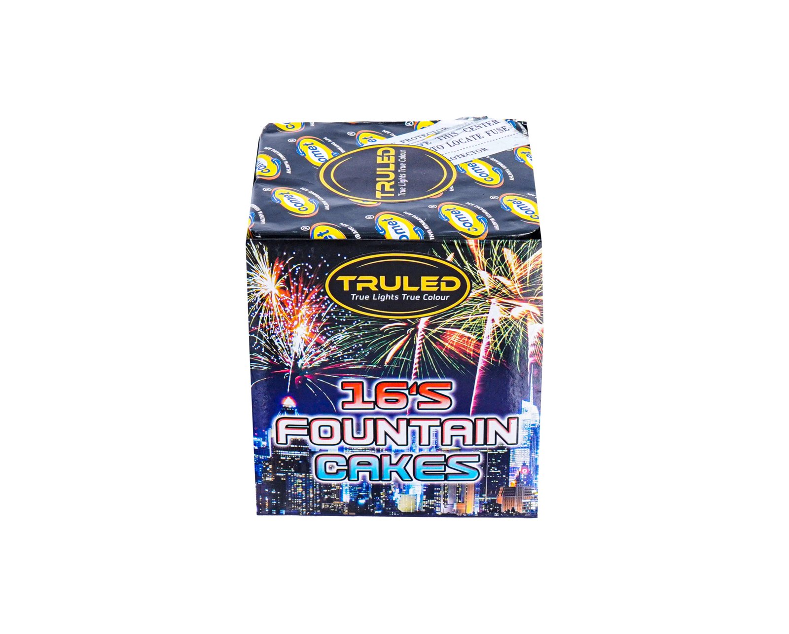 Box of fireworks cake packaging with the TRULED logo and fireworks graphics on the front.