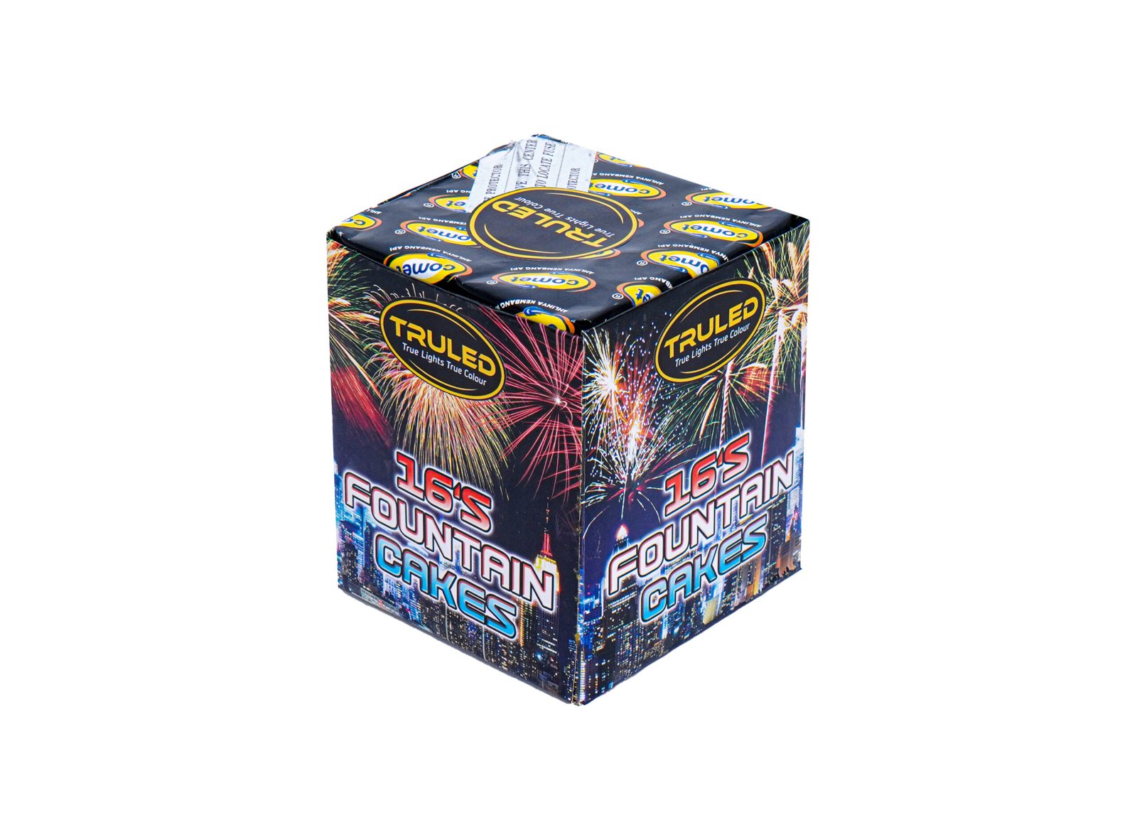 Fireworks-themed box labeled '16's Fountain Cakes' with bright city skyline graphics and TrueLED branding on top.