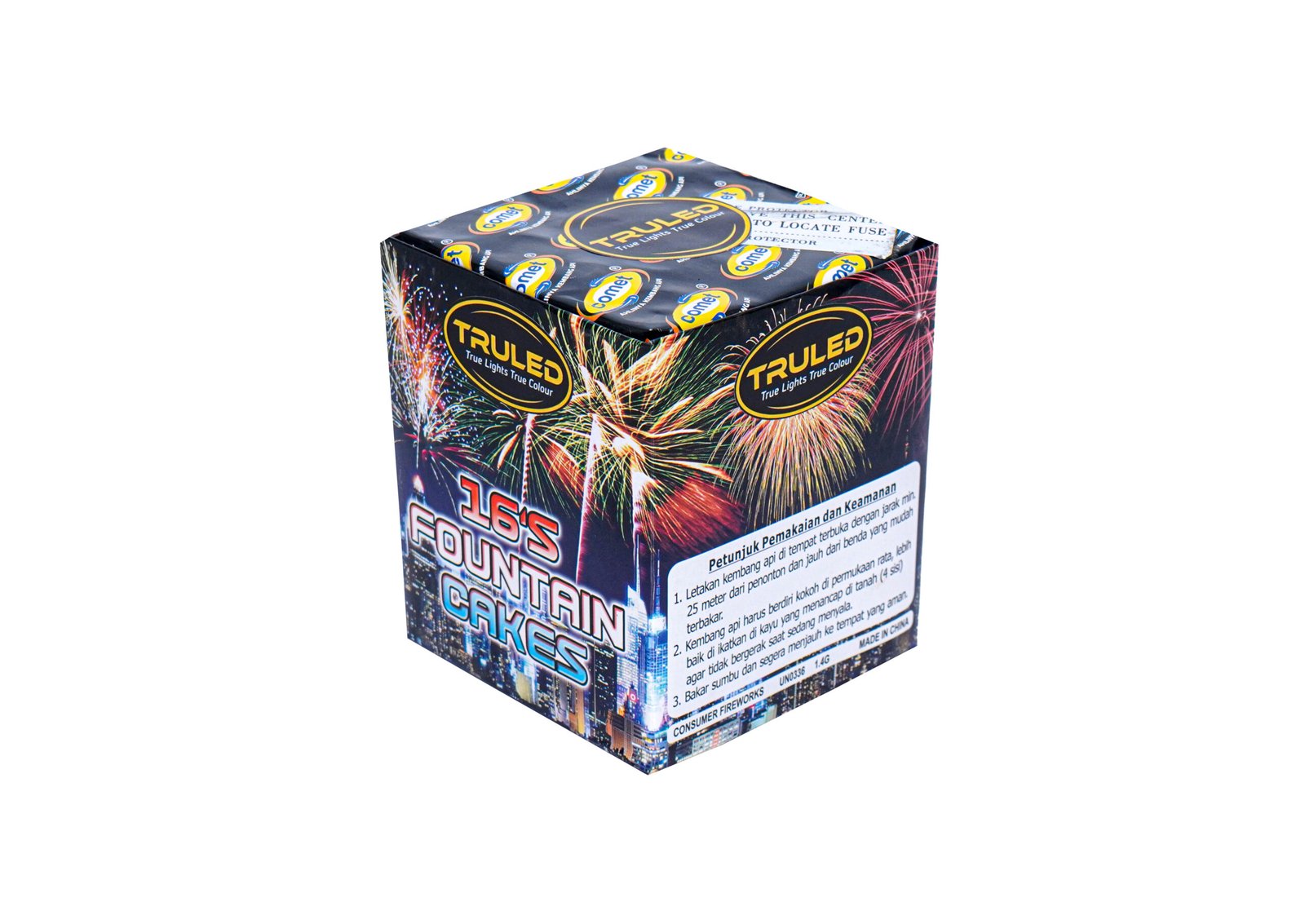 Box packaging for a fireworks cake, covered with colorful fireworks graphics and the TRUELED branding on a dark background.