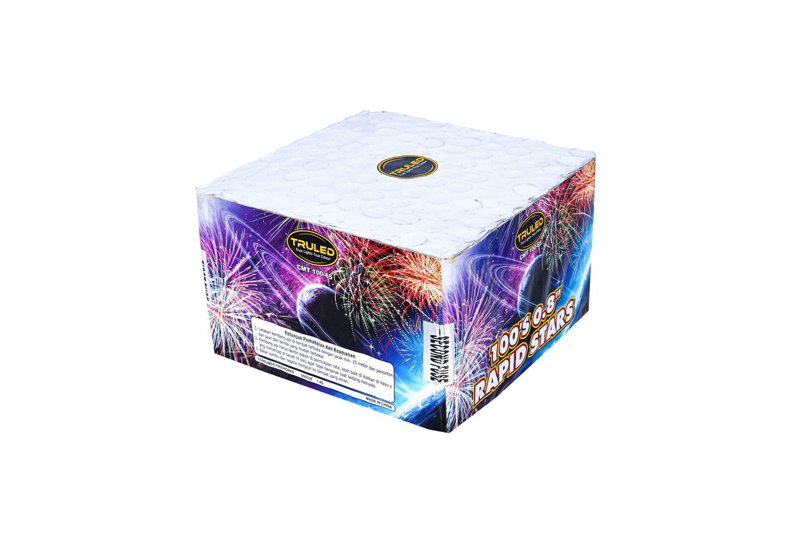 Colorful fireworks‑themed fireworks box with a white bubble‑wrapped top and a yellow TRULED logo on the lid.