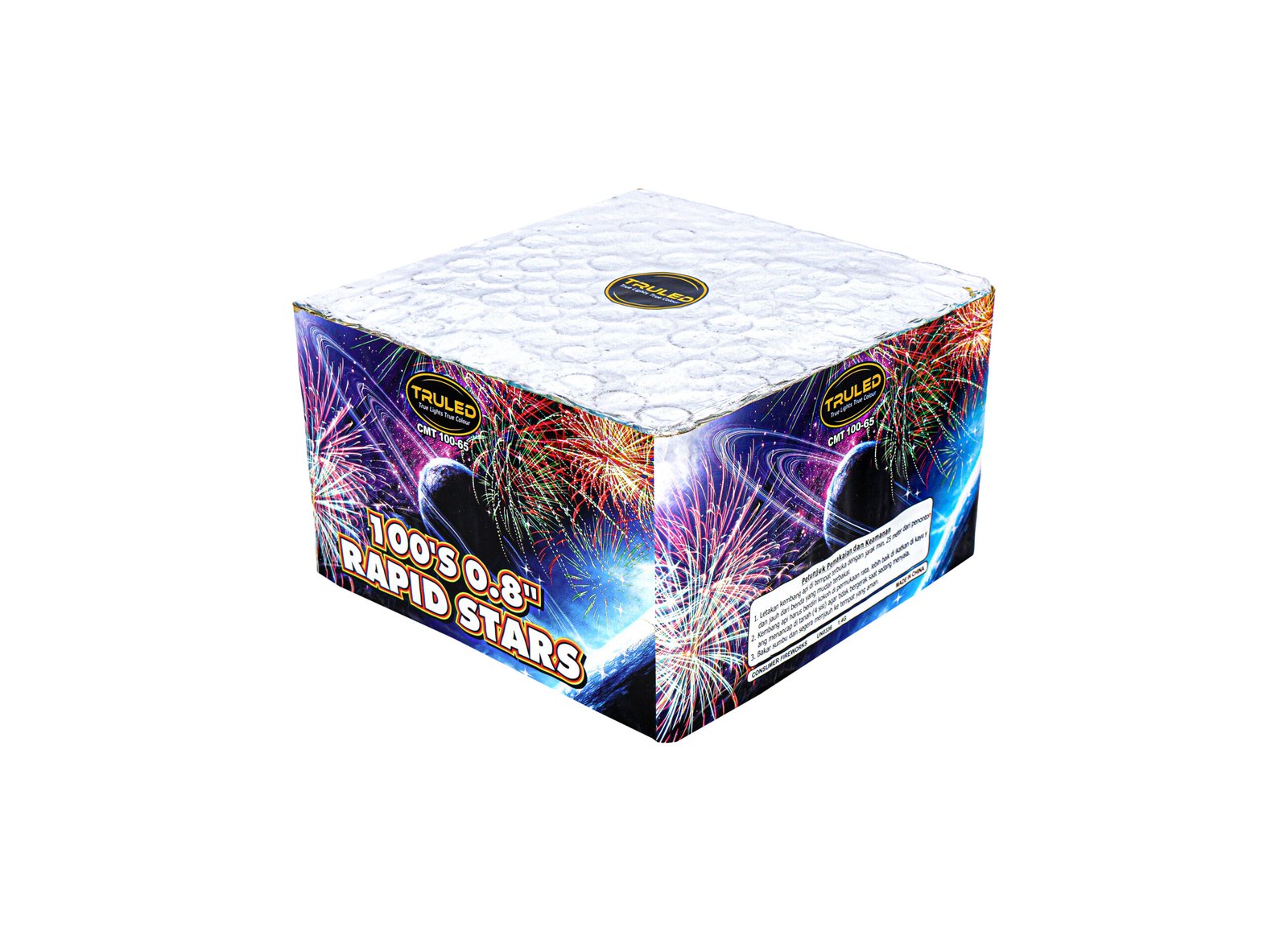 Square fireworks box viewed from a corner, with a white quilted top and colorful fireworks artwork on the sides, featuring a circular TruLED logo on top and side panels.