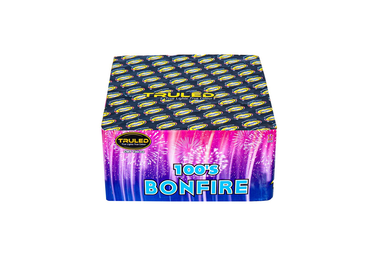 Colorful fireworks packaging with a blue patterned lid and the label '100's Bonfire' on the front.
