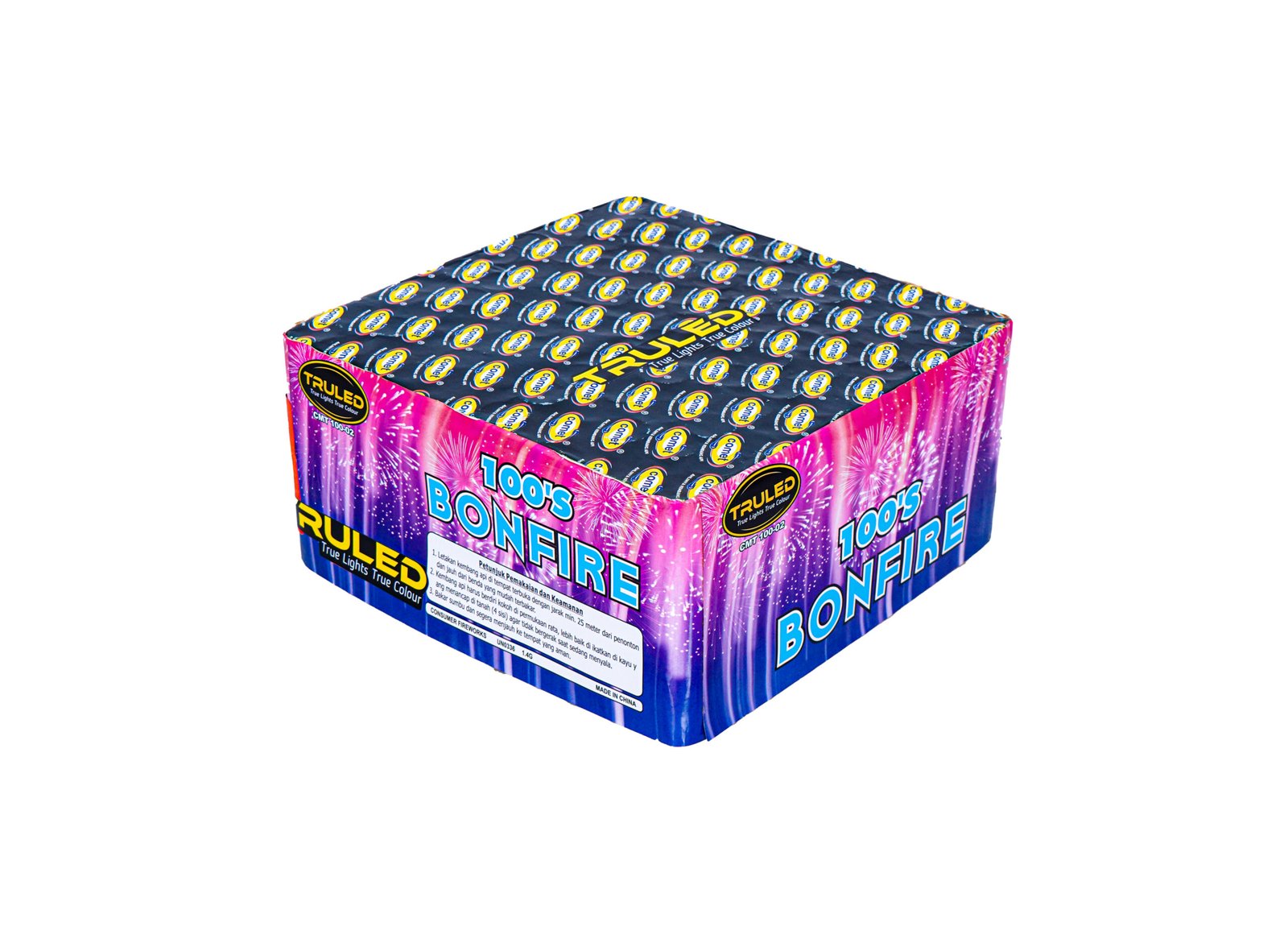 Colorful box of fireworks labeled '100s BONFIRE' with blue, pink, and yellow graphics and a repeating logo pattern on top surface