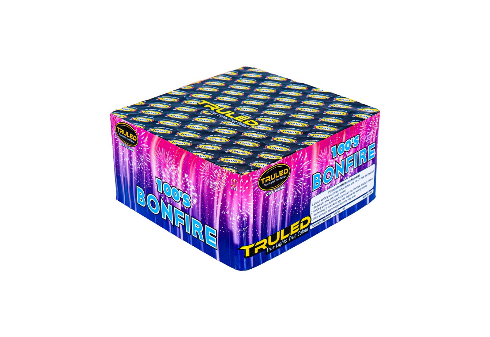 Box of fireworks with blue and pink packaging, showing the text “100’s BONFIRE” across the front side.