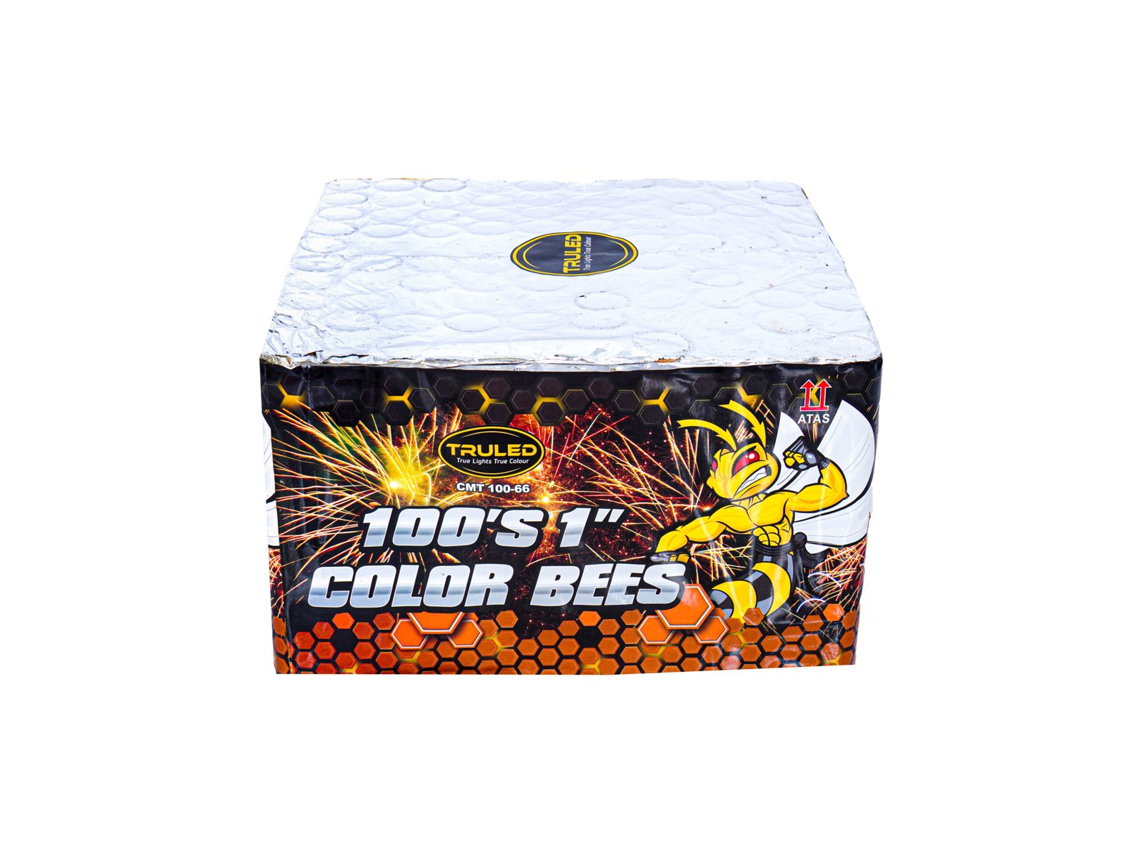 Box of fireworks with a silver, crinkled top and a bold label featuring a TRUELED logo on the side panel.