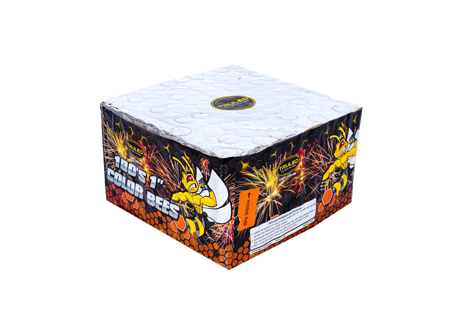 Box of fireworks with a silver top lid and bright orange–yellow graphics featuring a bee mascot on the side of the package