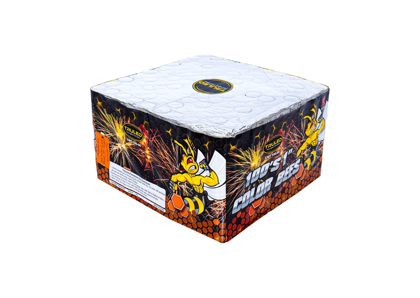 Colorful fireworks box with a silver top, showing sparks and bold text on the side surface.